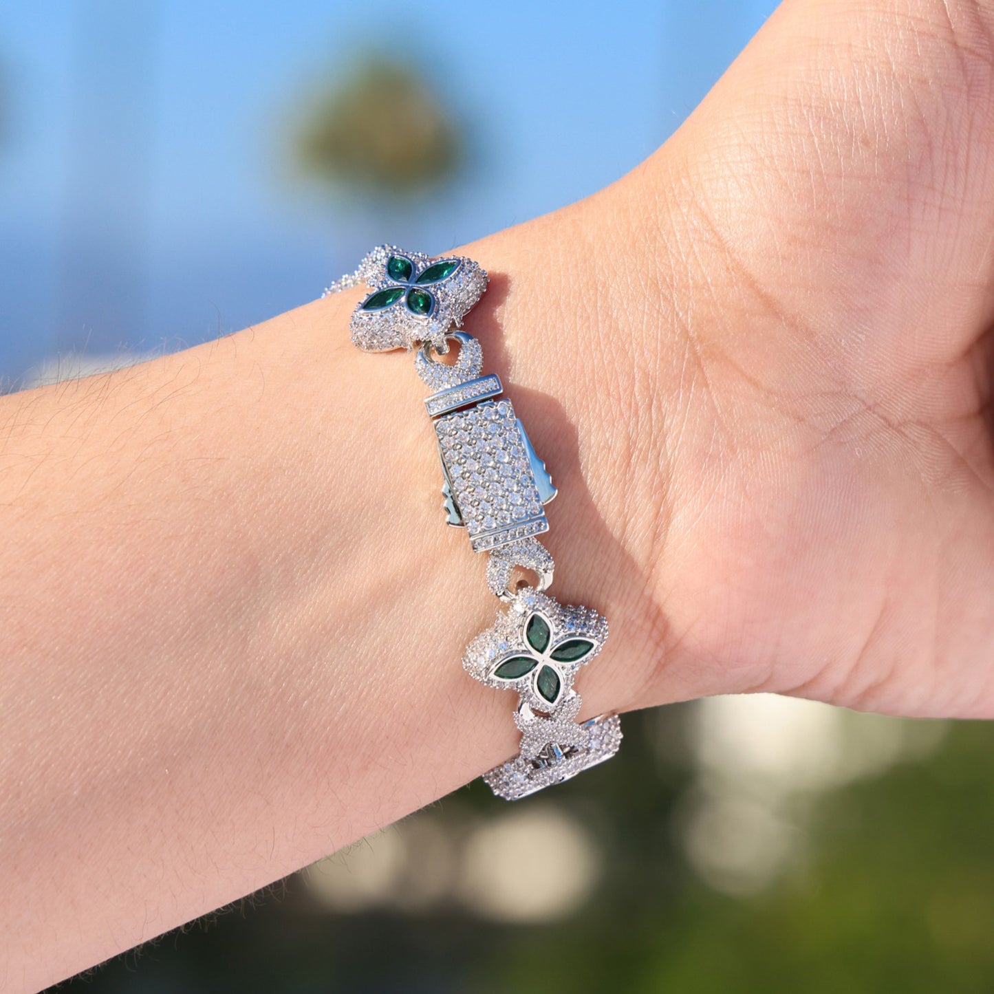 Iced Green Clover Link Bracelet - White Gold