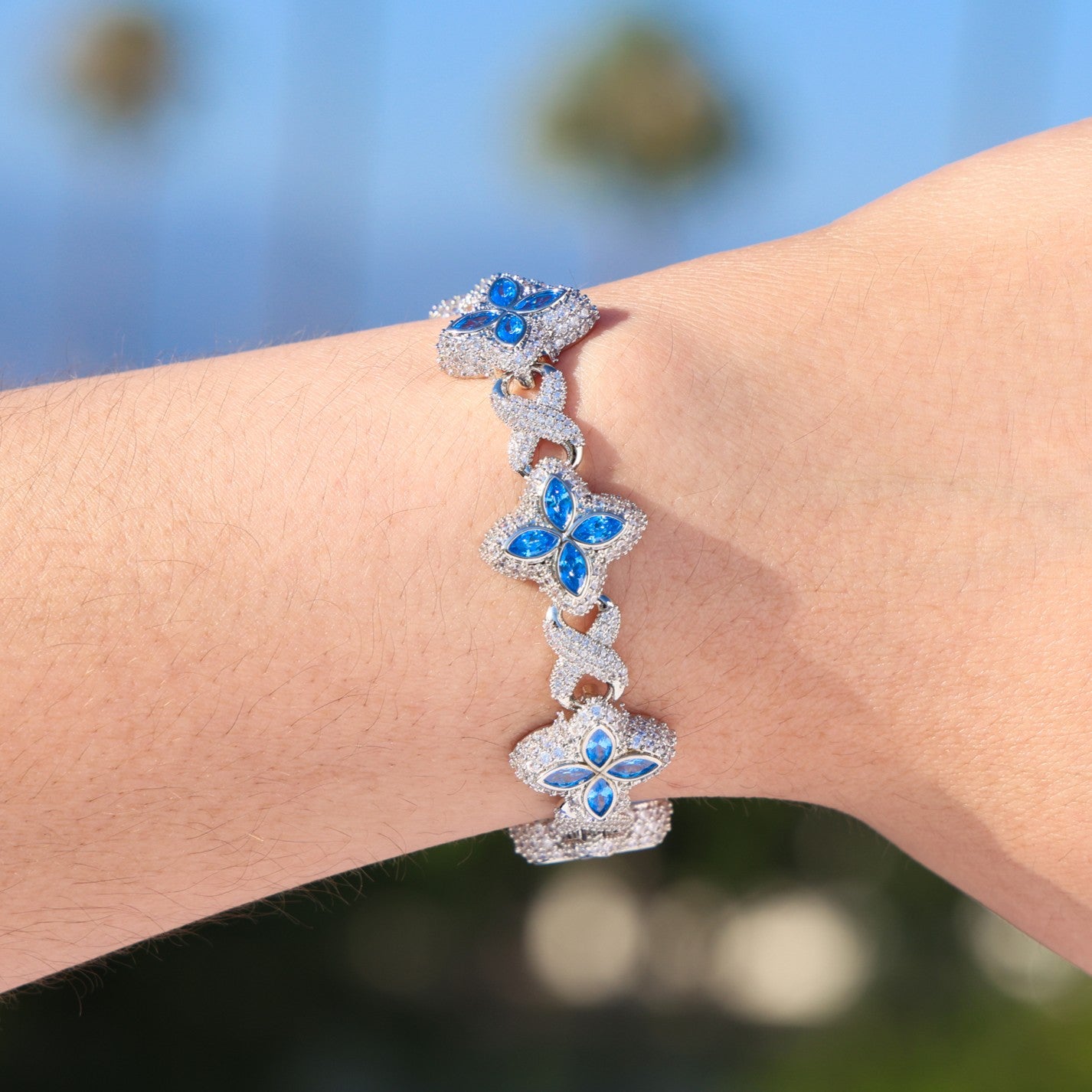 Iced Aqua Blue Clover Link Bracelet - White Gold