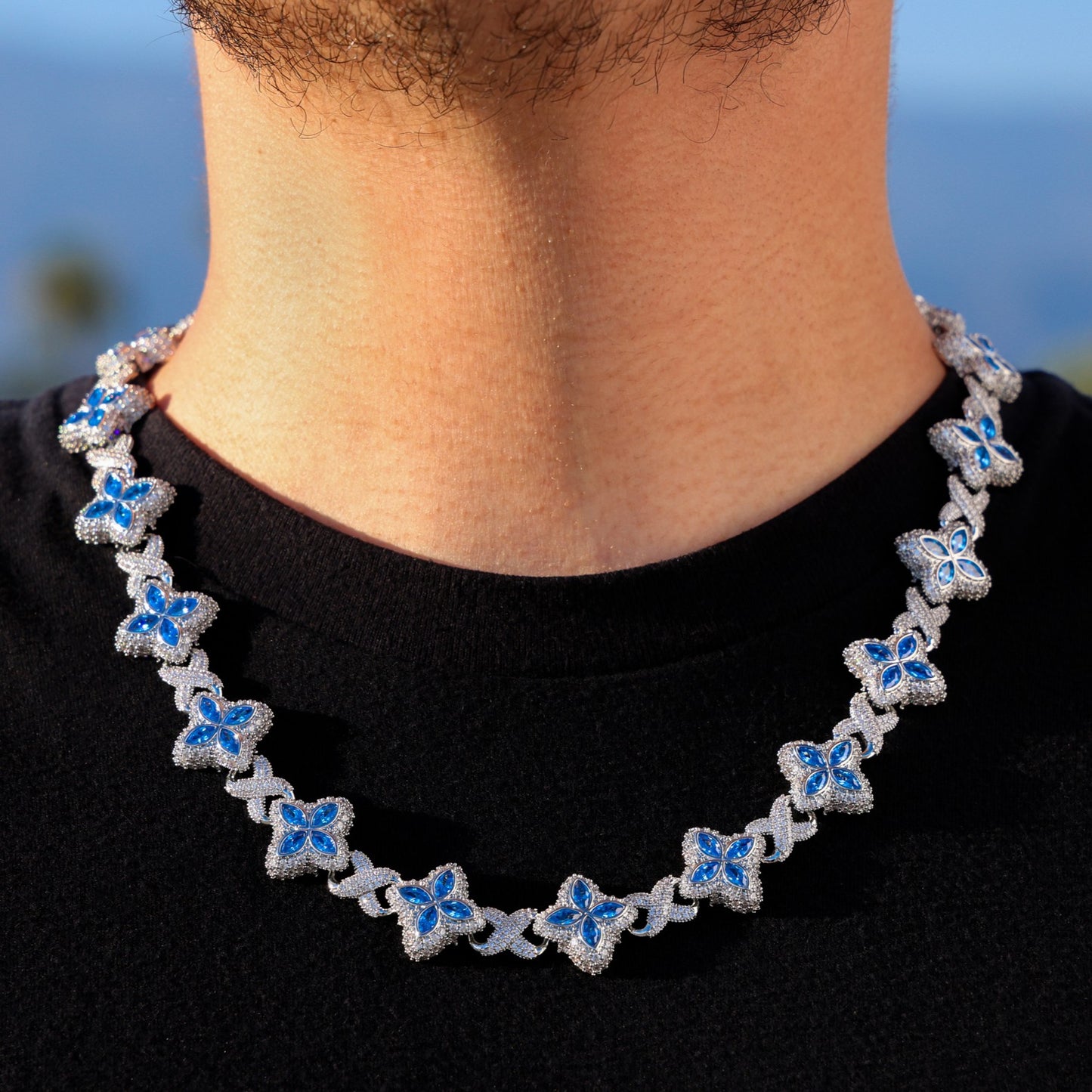 Iced Aqua Blue Clover Link Chain - White Gold