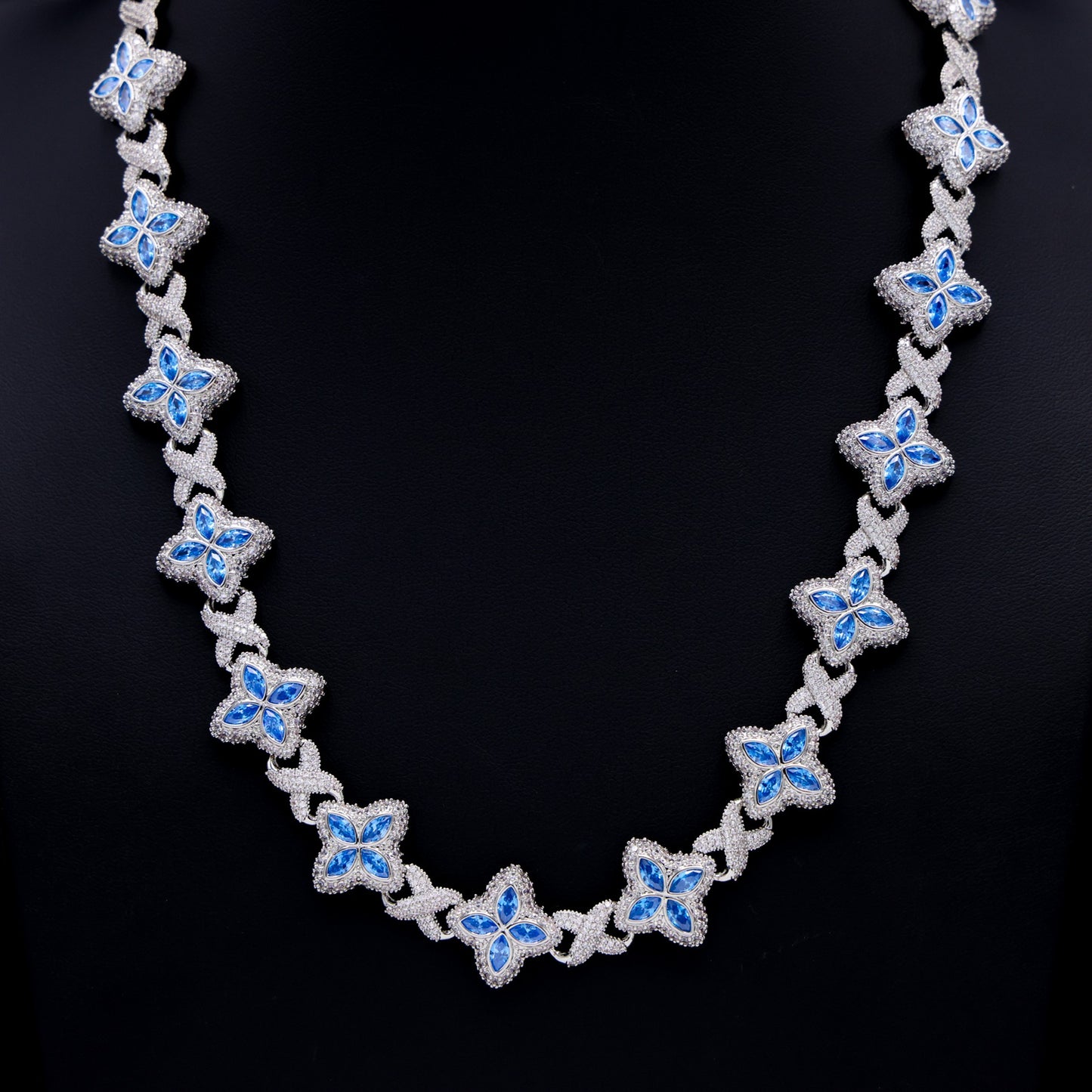 Iced Aqua Blue Clover Link Chain - White Gold