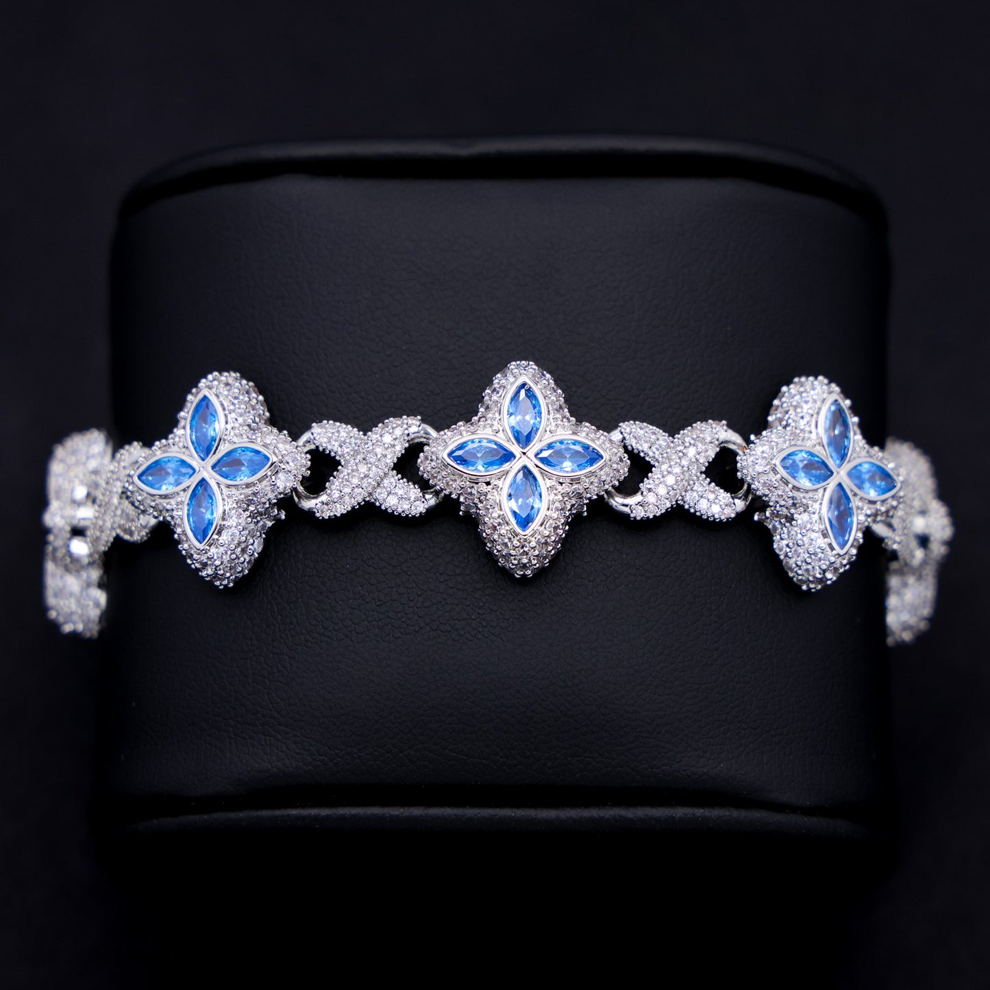 Iced Aqua Blue Clover Link Bracelet - White Gold