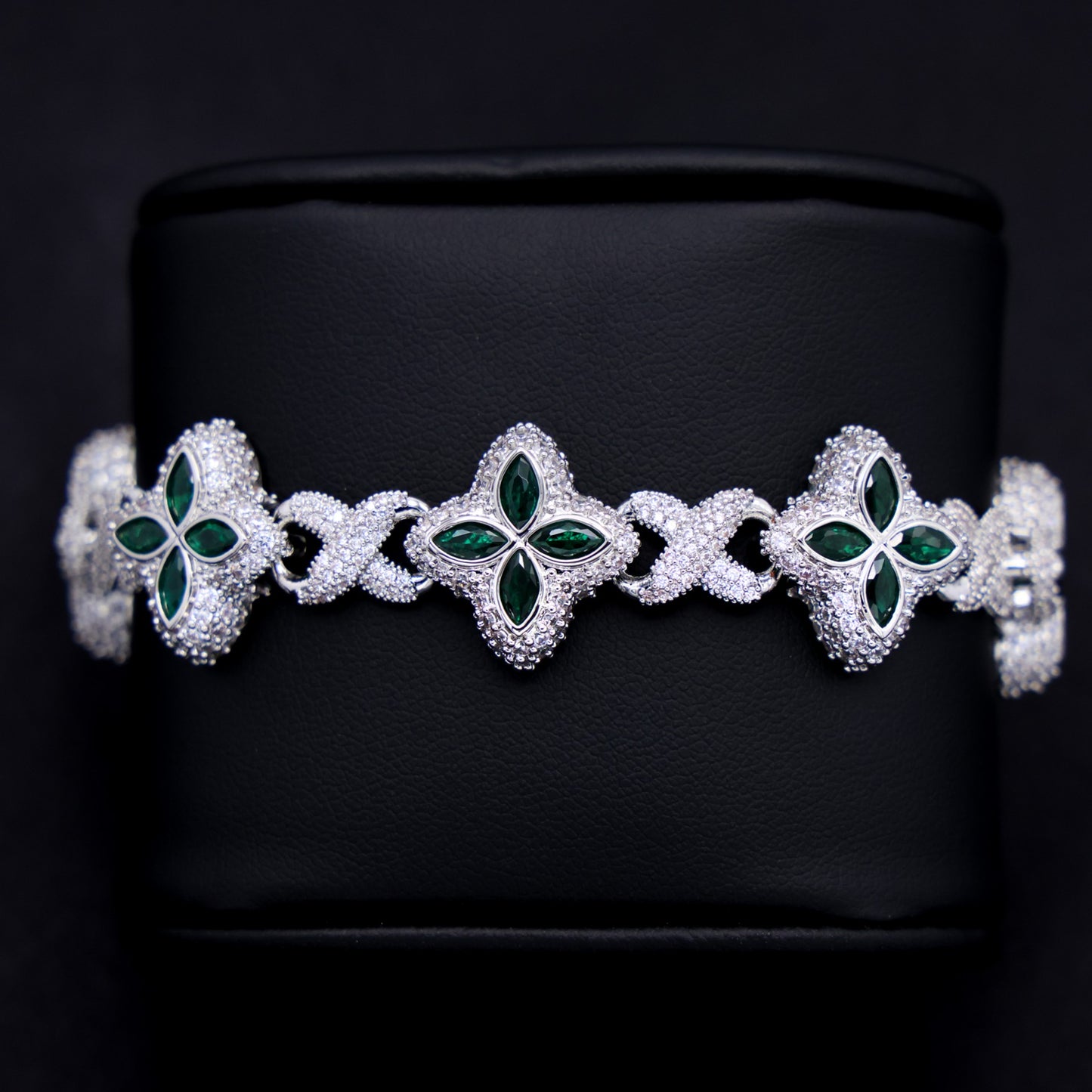 Iced Green Clover Link Bracelet - White Gold