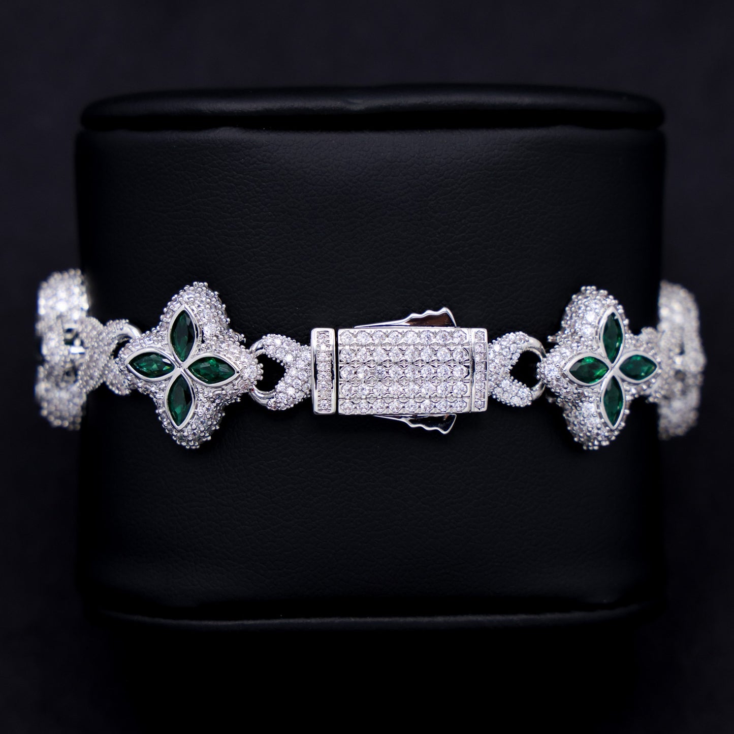 Iced Green Clover Link Bracelet - White Gold