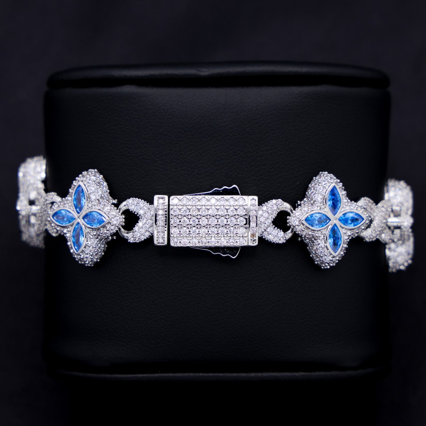 Iced Aqua Blue Clover Link Bracelet - White Gold