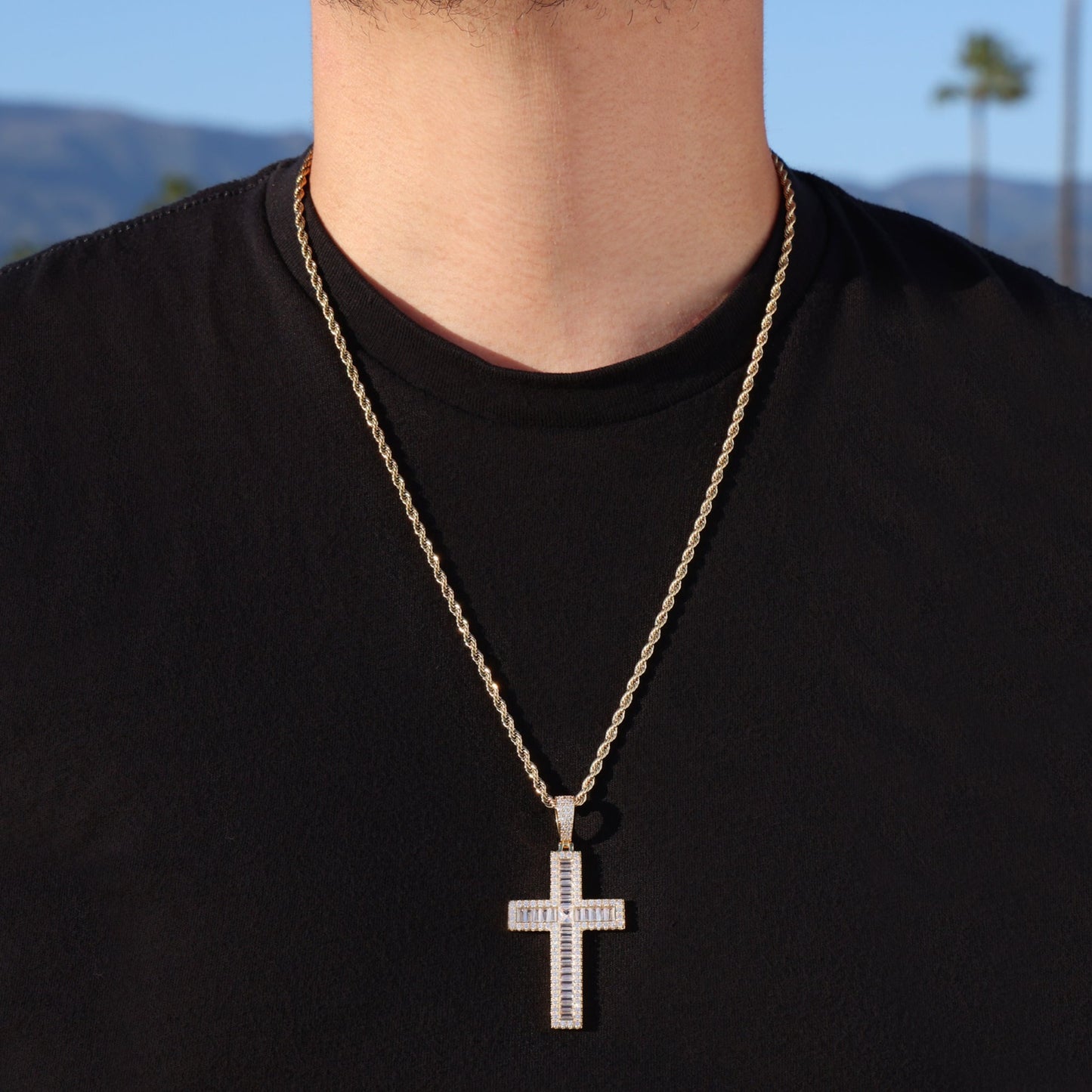 Iced out Baguette Cross Pendant - Gold