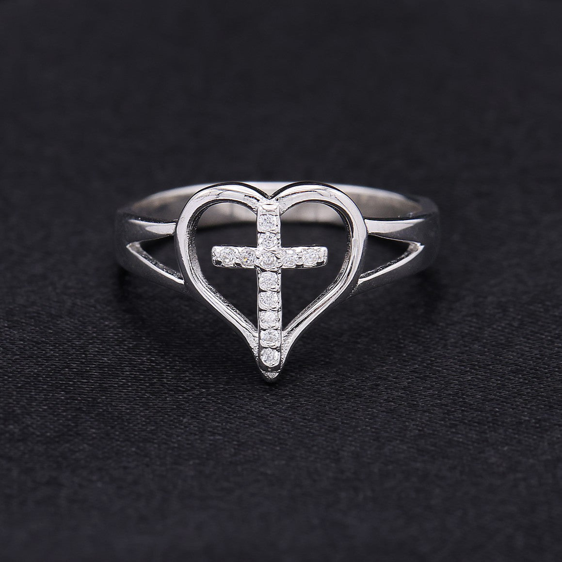 Iced Cross Heart Ring - 925 Silver