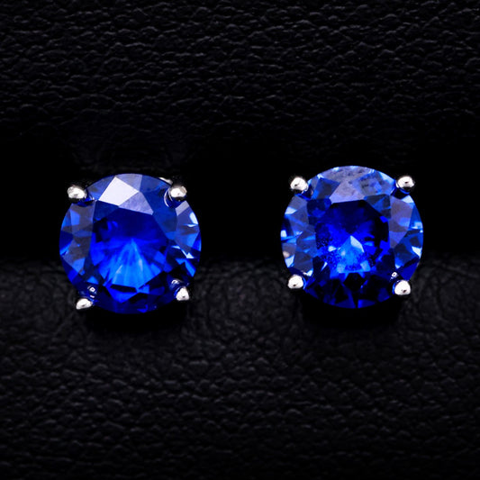 Round Cut Blue Sapphire Stud Earrings - 925 Silver