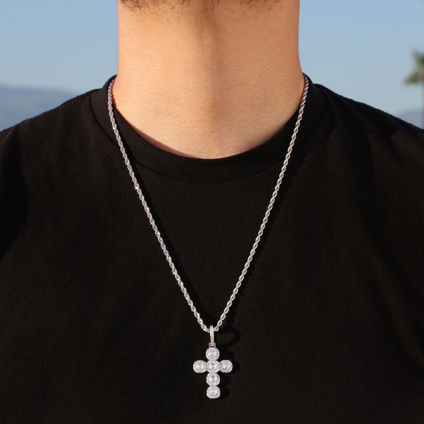 Stone Cross Pendant - White Gold