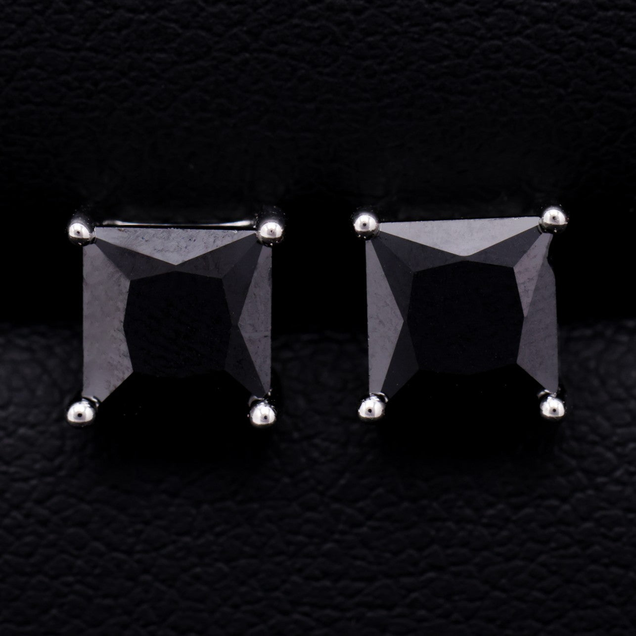 Square Cut Black Stud Earrings - 925 Silver