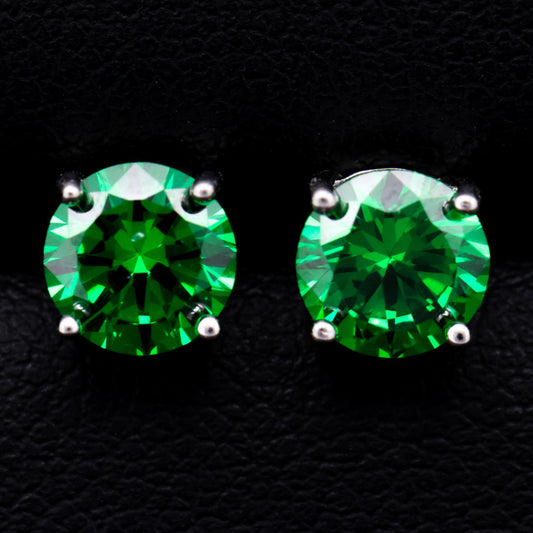 Round Cut Emerald Stud Earrings - 925 Silver
