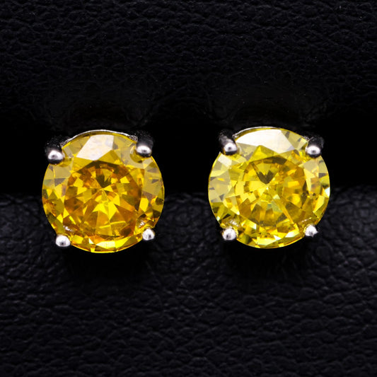 Round Cut Yellow Stud Earrings - 925 Silver