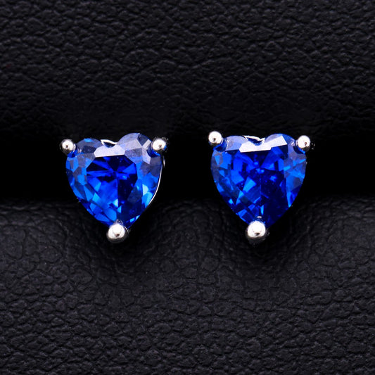 Blue Sapphire Heart Cut Diamond Stud Earrings - 925 Silver