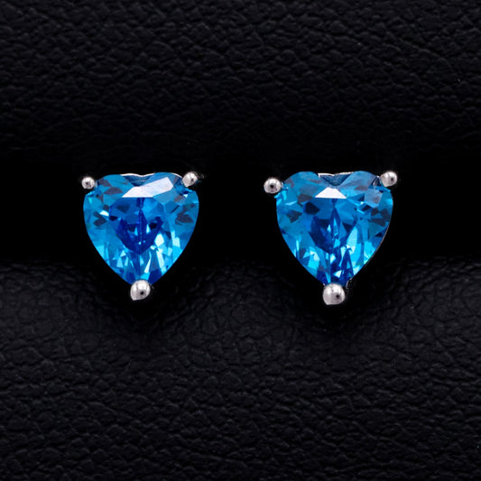 Blue Heart Cut Diamond Stud Earrings - 925 Silver
