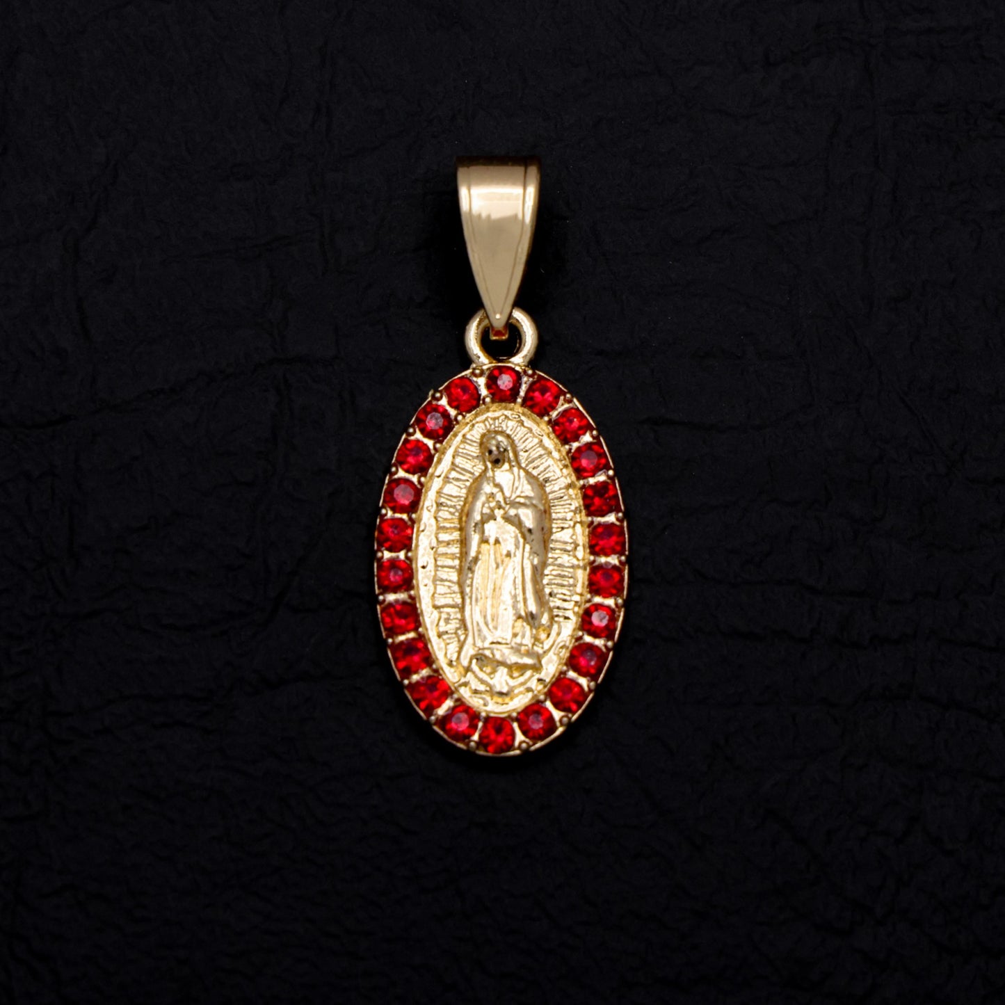 Virgin Mary Oval w/ Red Stones Necklace - Gold