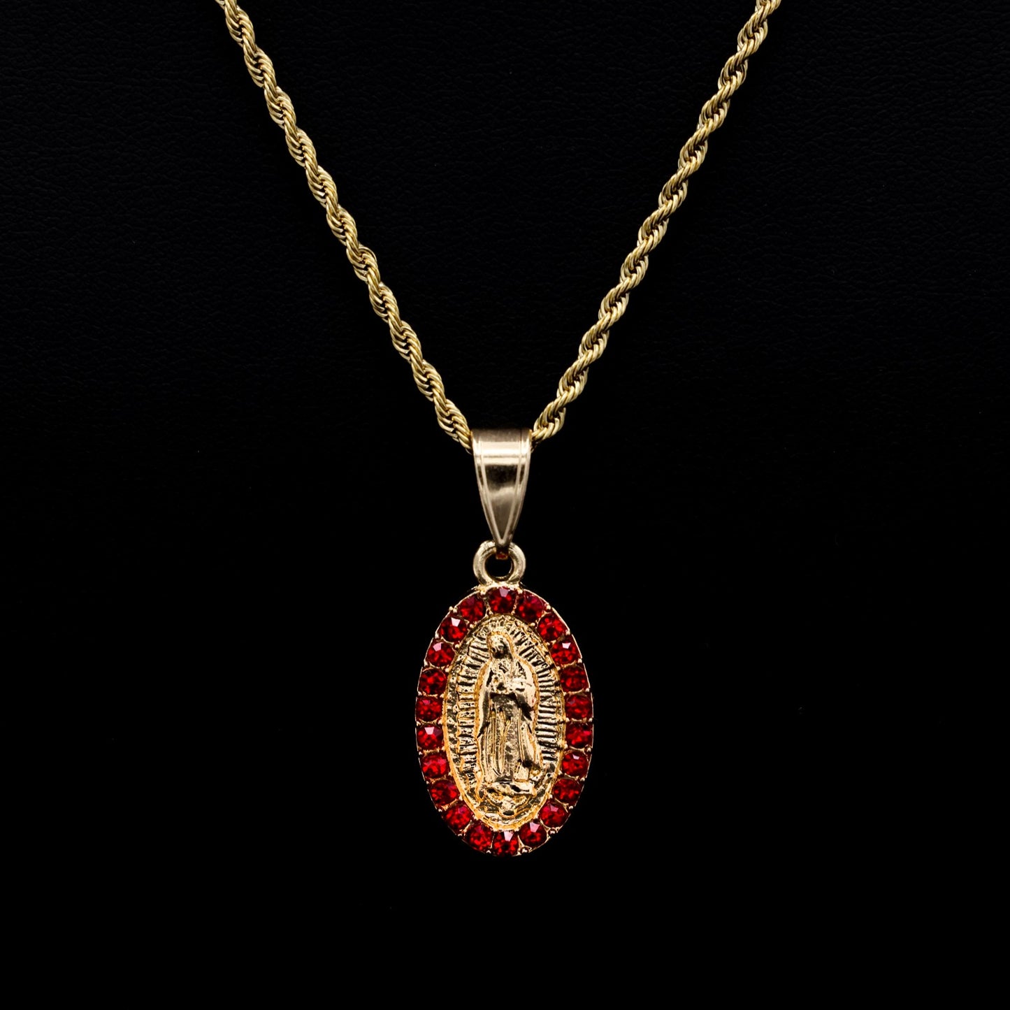 Virgin Mary Oval w/ Red Stones Necklace - Gold