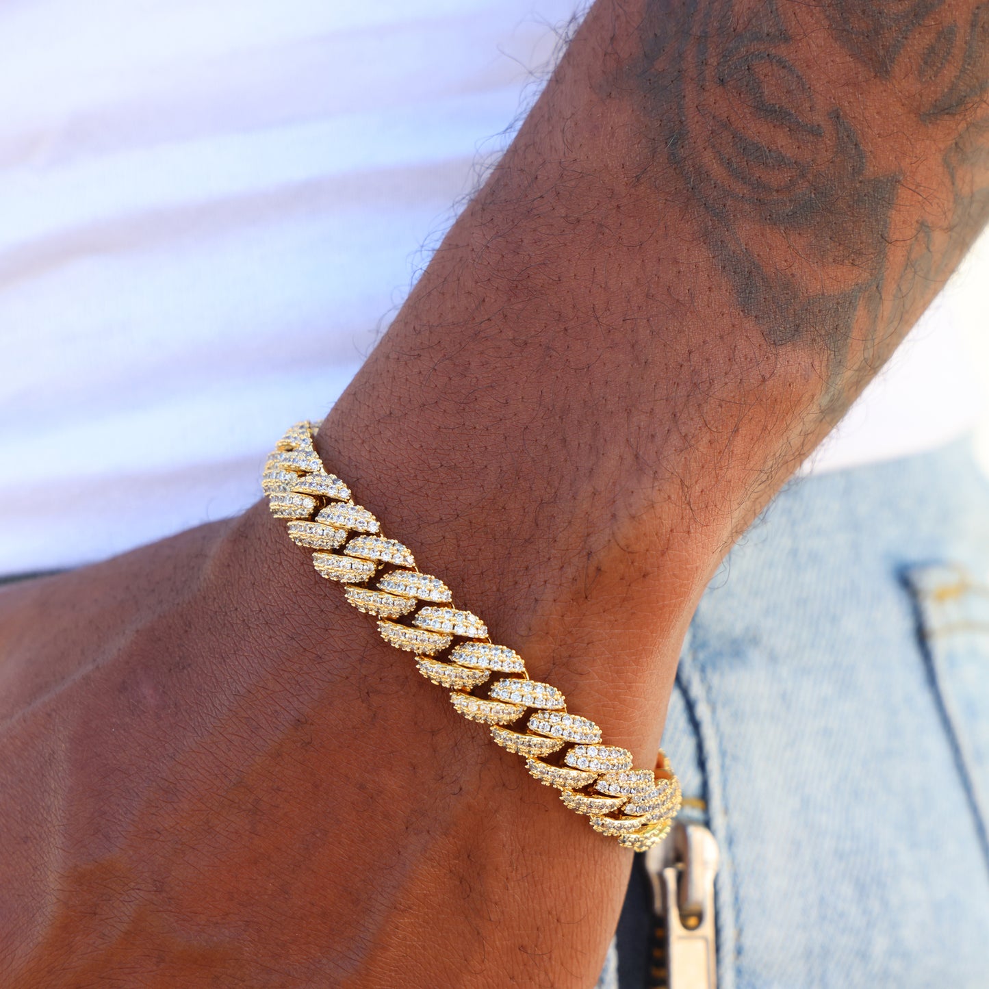 10mm Moissanite Cuban Link bracelet - Gold over 925 Silver