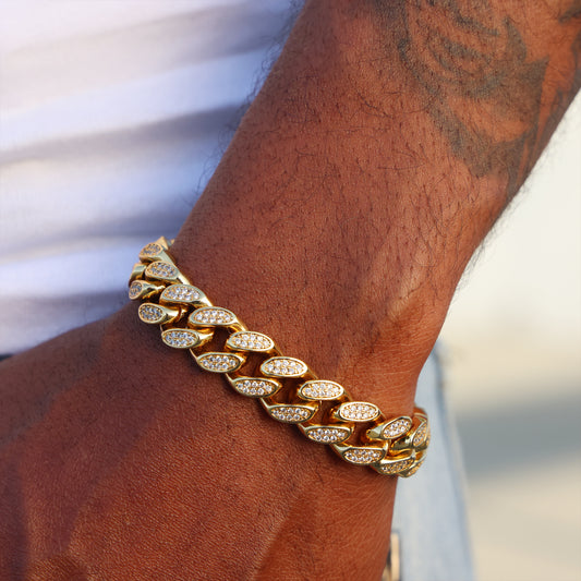 12mm Iced Out Miami Cuban Bracelet - Gold