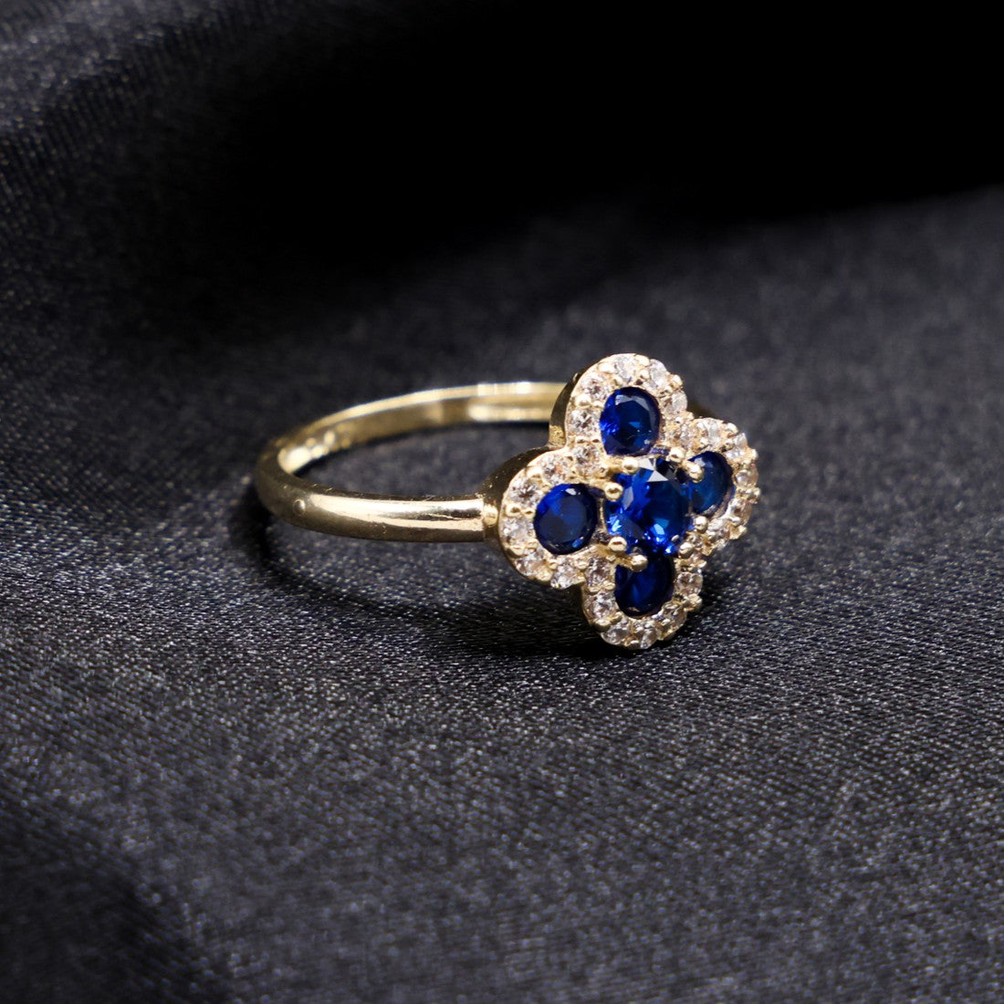 Iced Blue Clover Ring - 14k Gold
