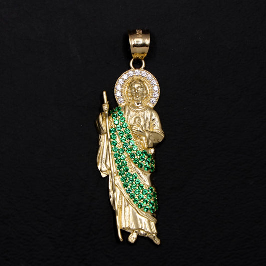 San Judas with Green Stones - 14k Gold