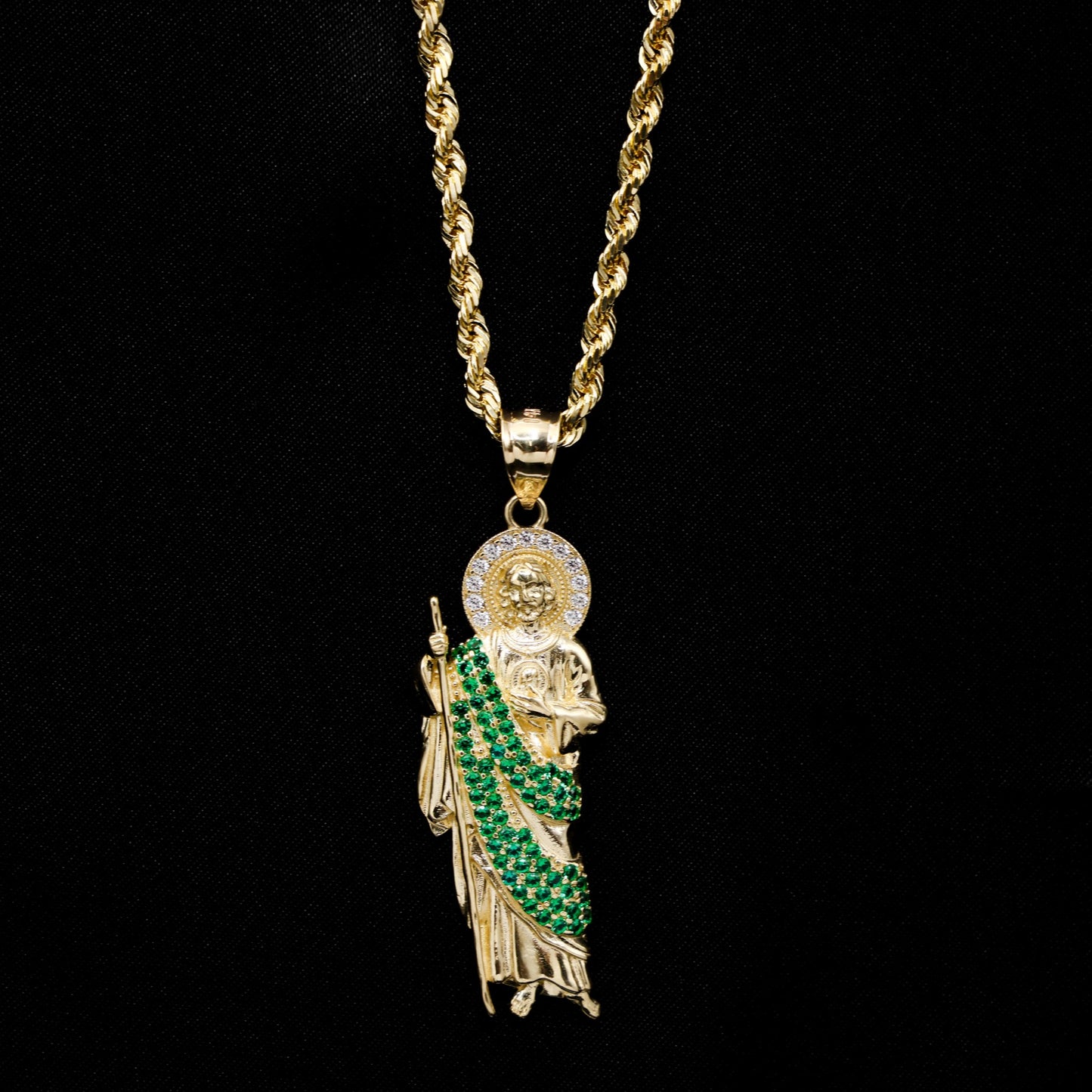 San Judas with Green Stones - 14k Gold