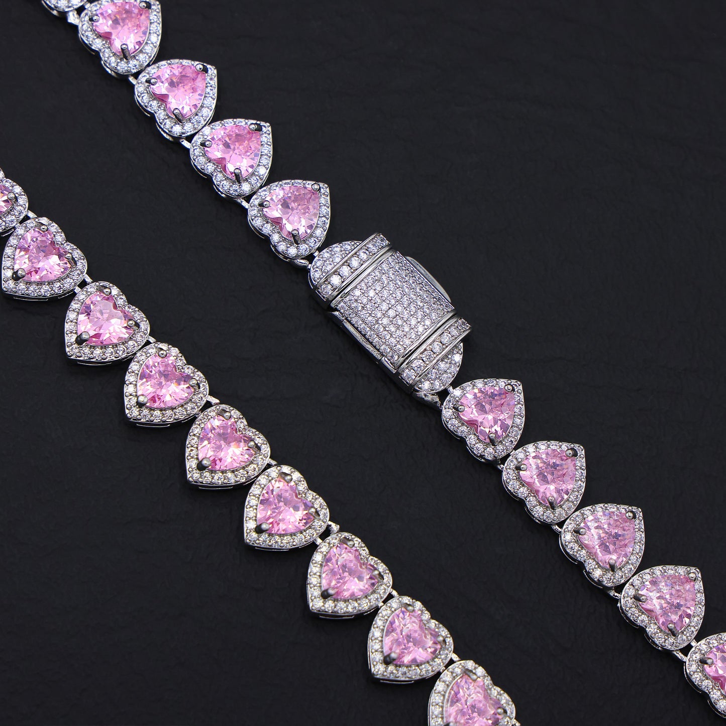 Pink Heart Diamond Clustered Tennis Necklace - White Gold