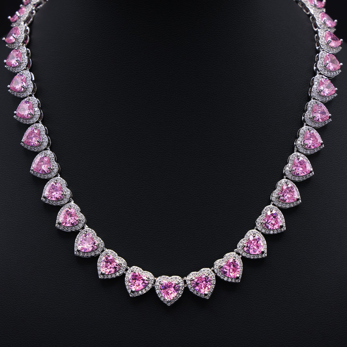 Pink Heart Diamond Clustered Tennis Necklace - White Gold