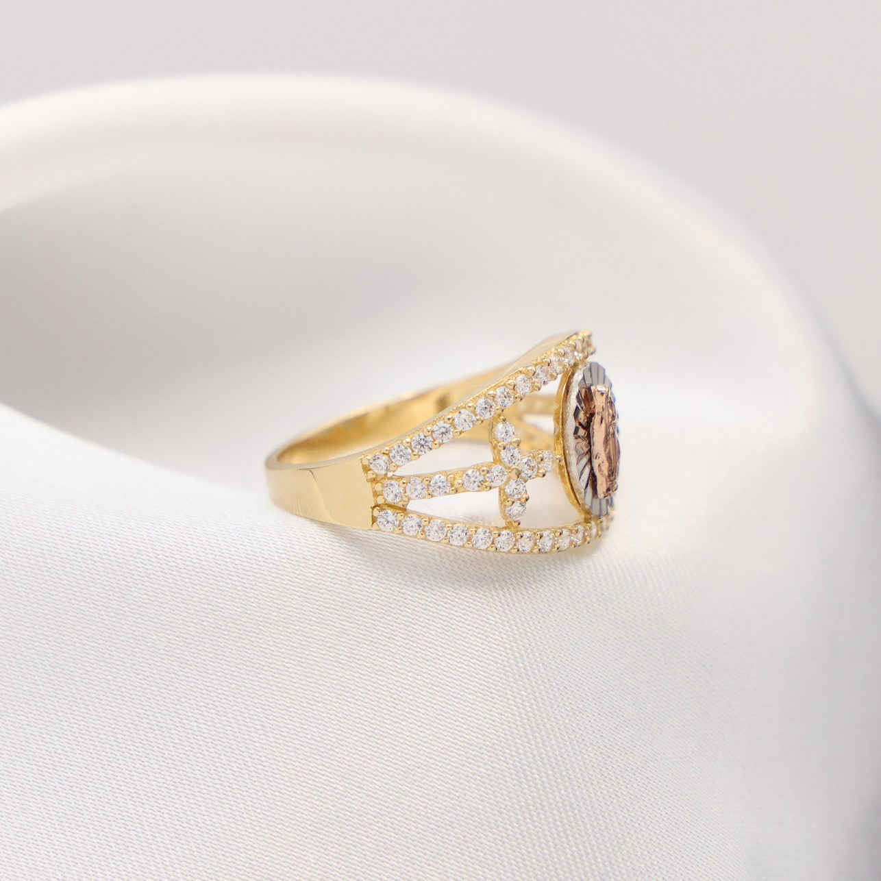 Virgin Mary 3-Tone Cross Ring - 14k Gold