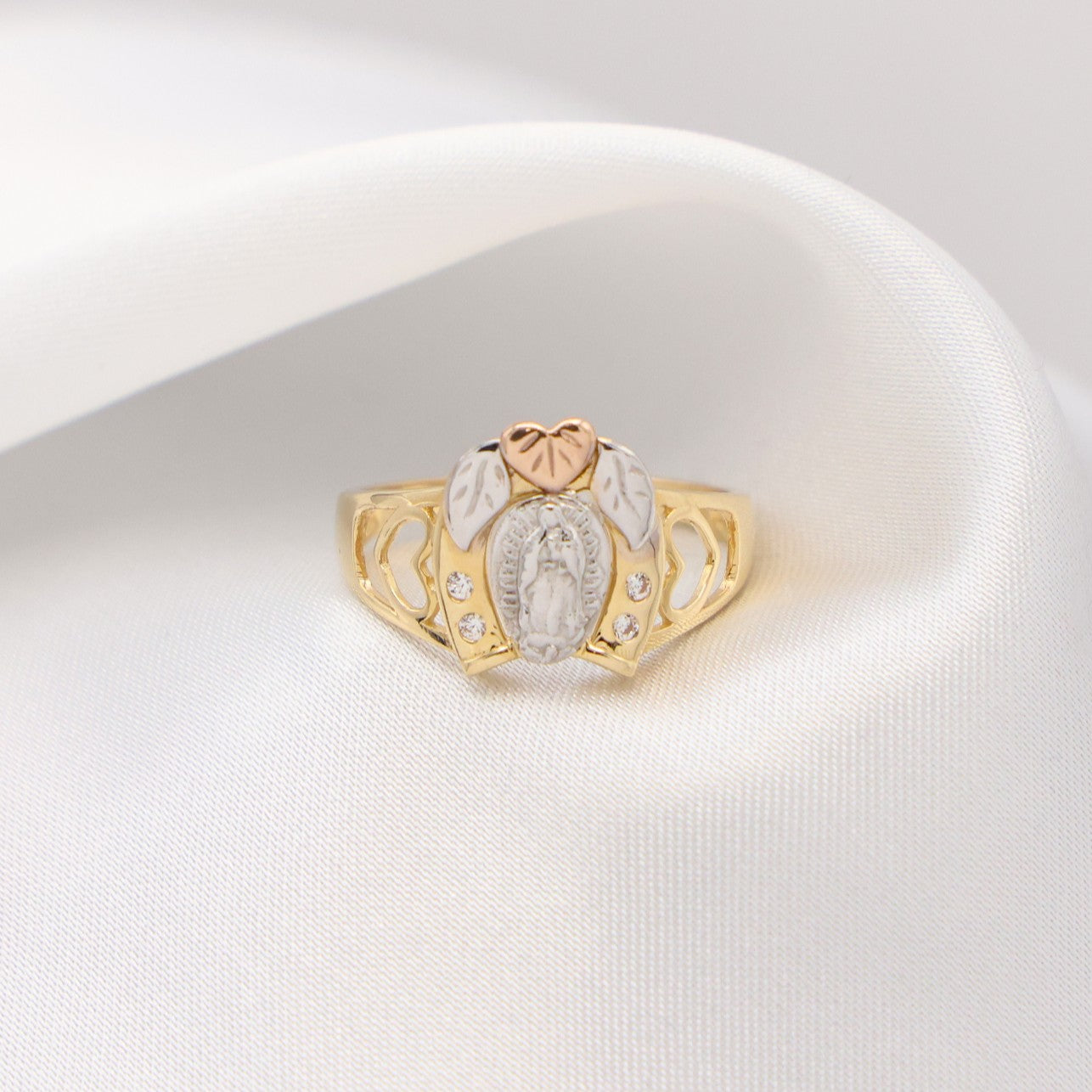 Virgin Mary Horseshoe 3-Tone Ring - 14k Gold