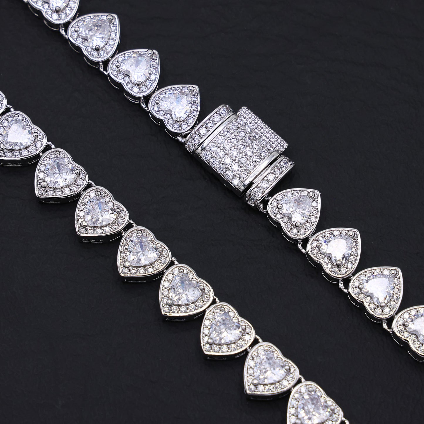 Heart Diamond Clustered Tennis Necklace - White Gold