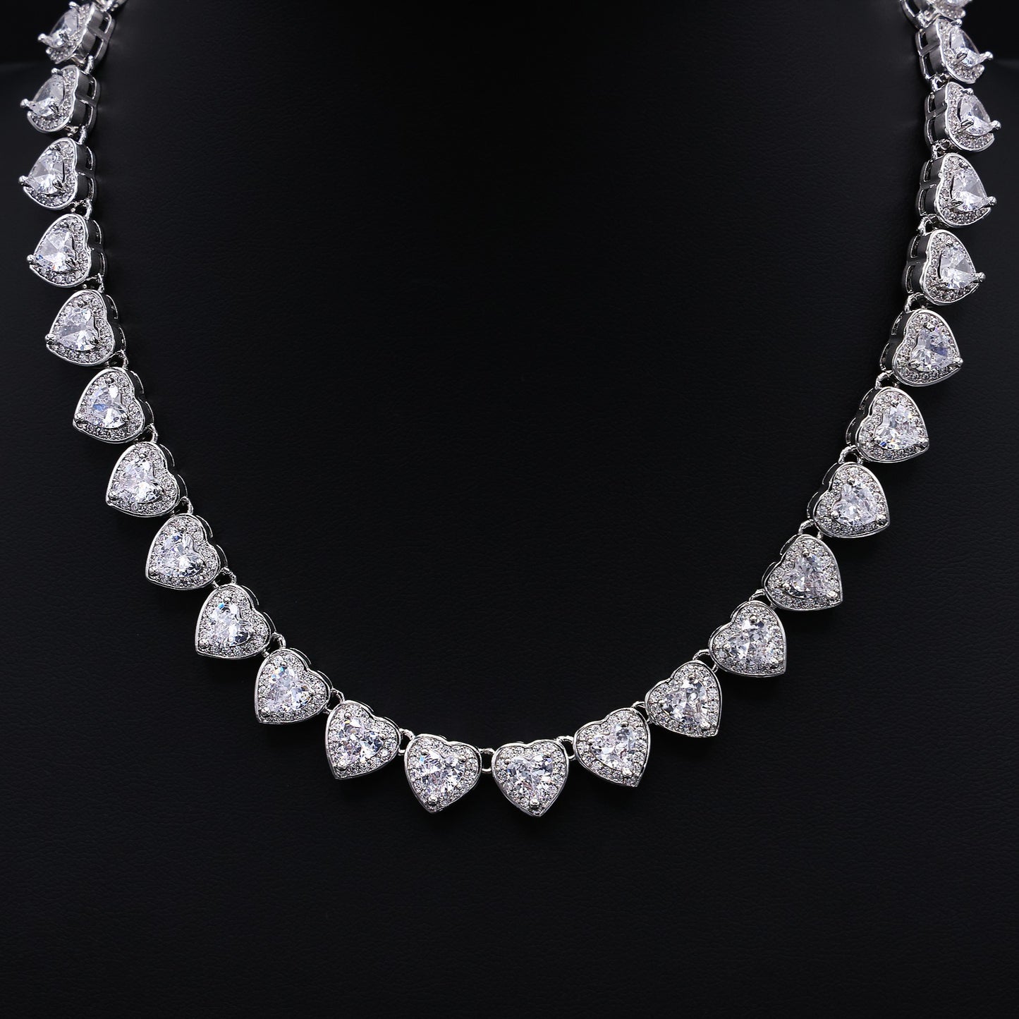 Heart Diamond Clustered Tennis Necklace - White Gold
