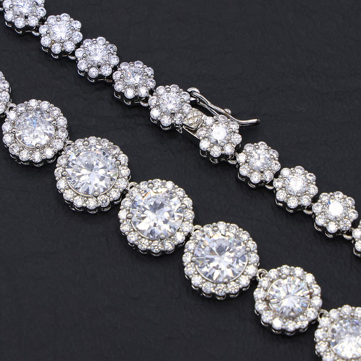 Graduated Round Clustered Tennis Necklace - White Gold