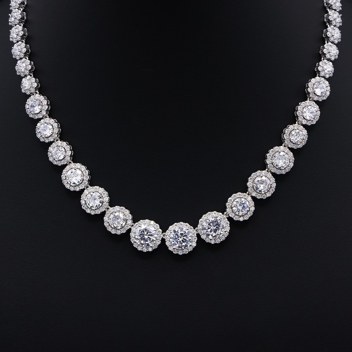 Graduated Round Clustered Tennis Necklace - White Gold