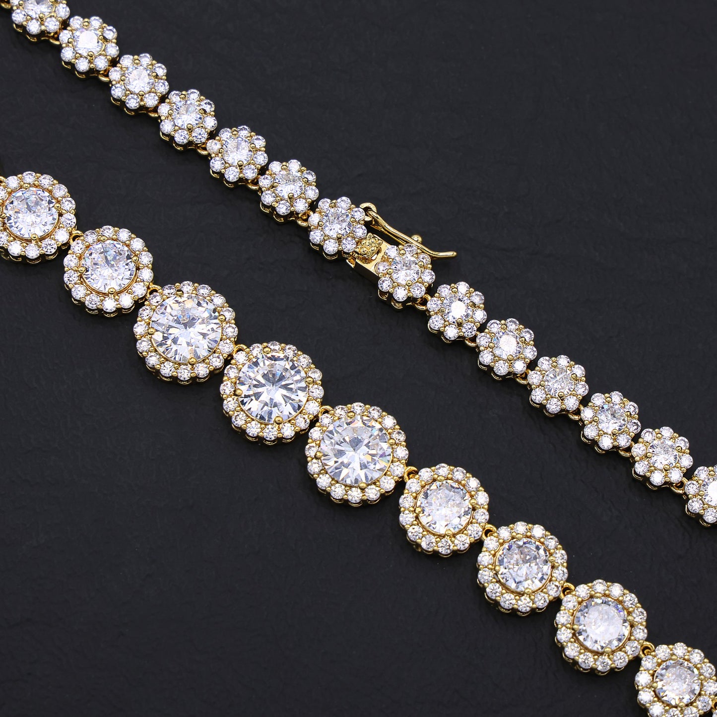 Graduated Round Clustered Tennis Necklace - Gold