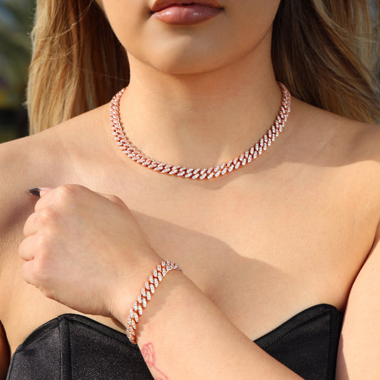 8mm Iced Out Cuban Necklace + Bracelet Bundle - Rose Gold