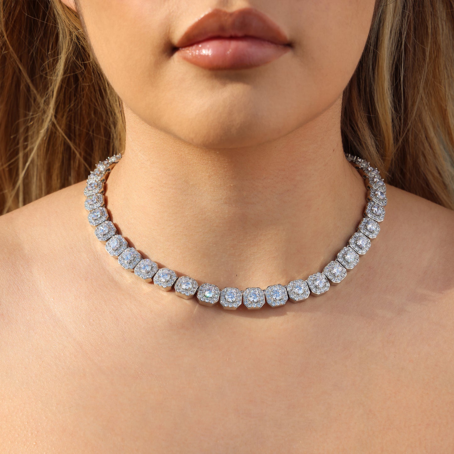 10mm Clustered Tennis Necklace - White Gold