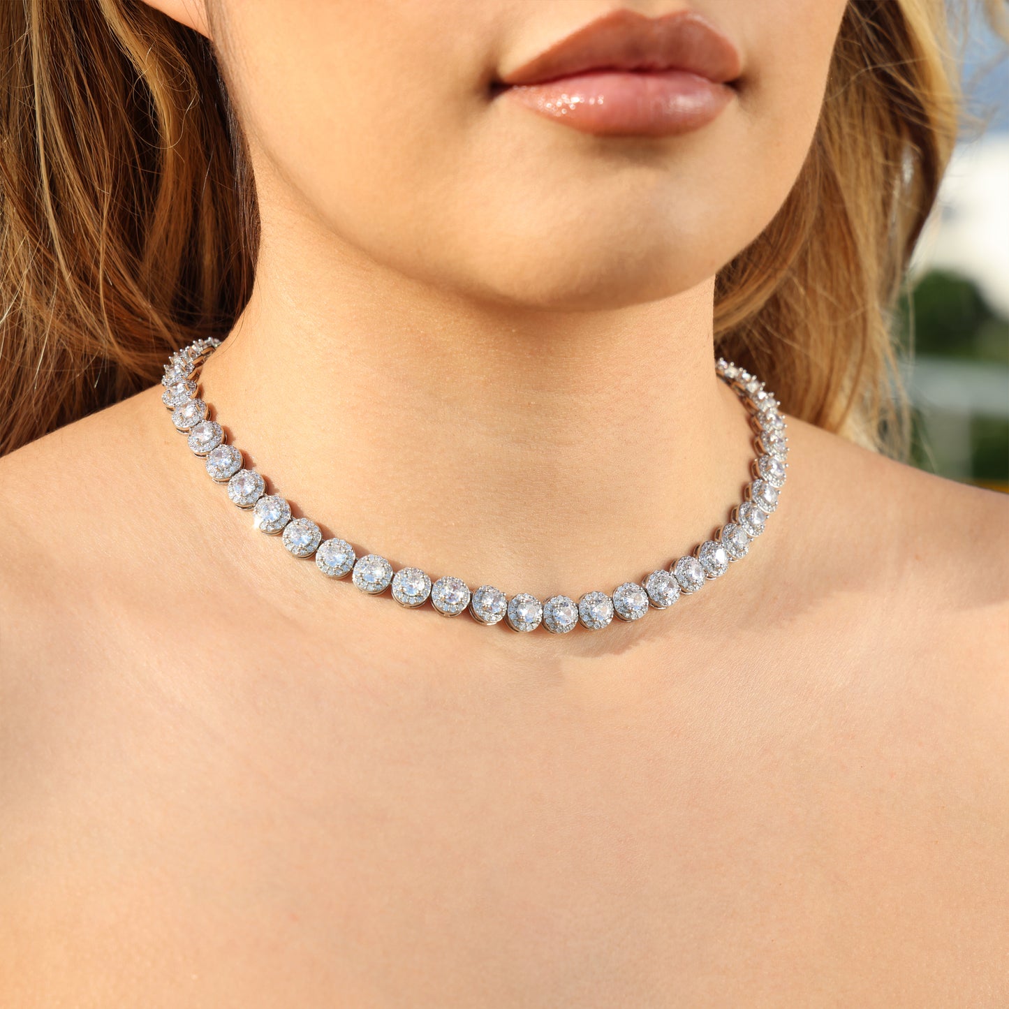 8mm Round Clustered Tennis Necklace - White Gold