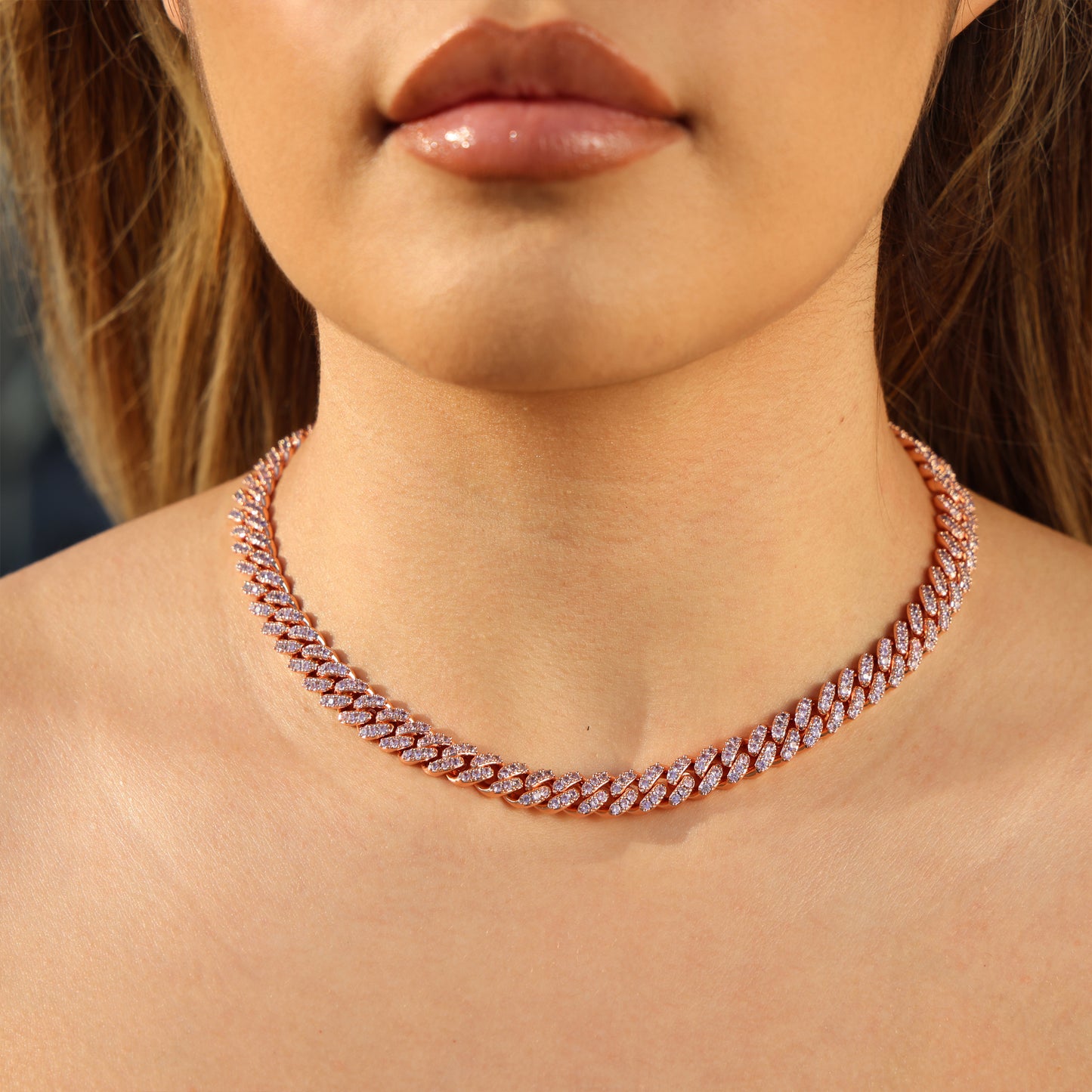 8mm Pink Iced Out Cuban Necklace + Bracelet Bundle - Rose Gold