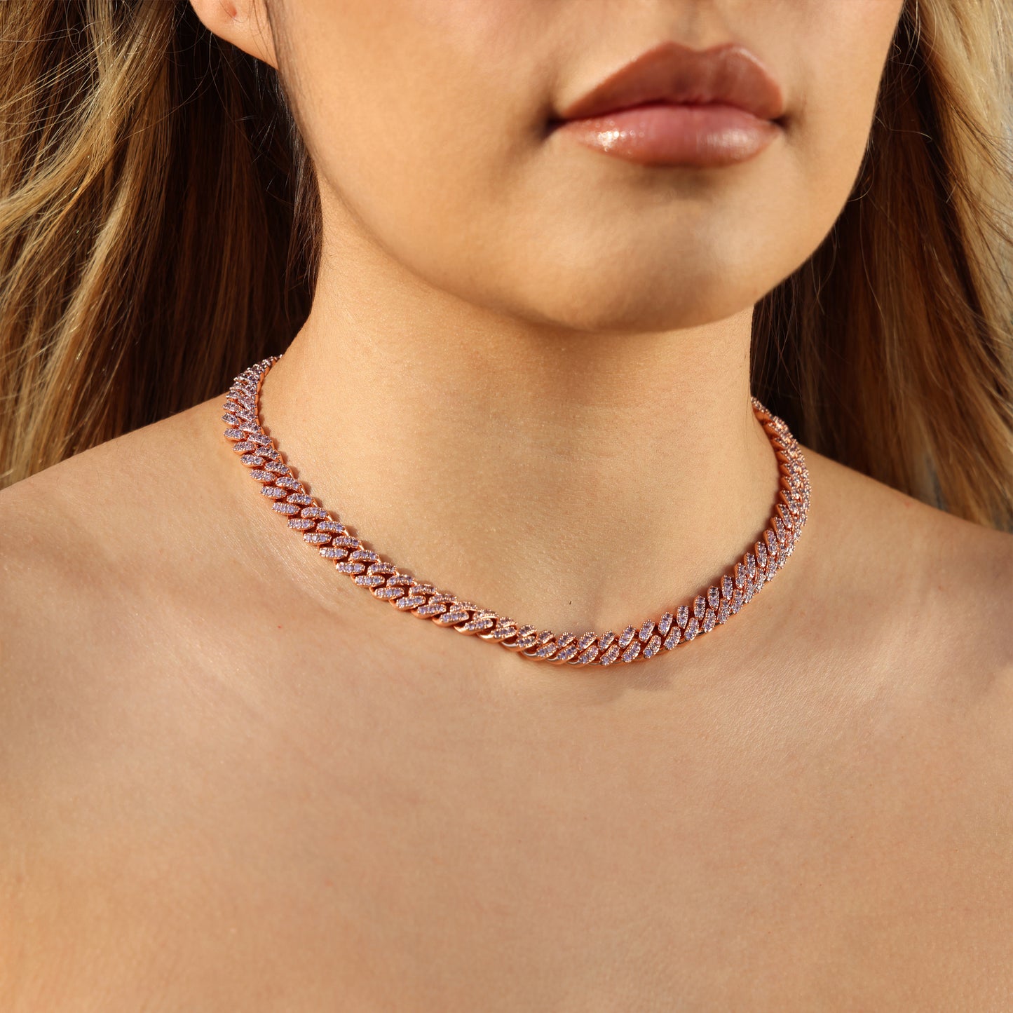 8mm Pink Iced out Cuban Necklace - Rose Gold