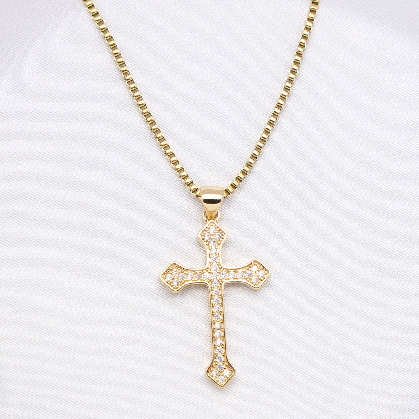 Small Iced Budded Cross Necklace - Gold