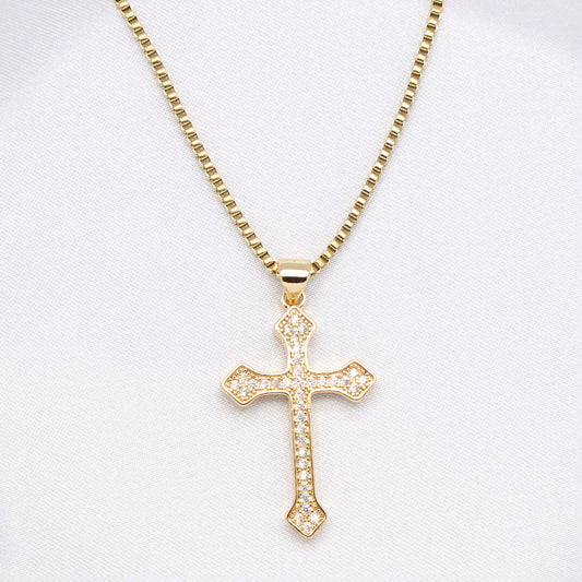 Small Iced Budded Cross Necklace - Gold