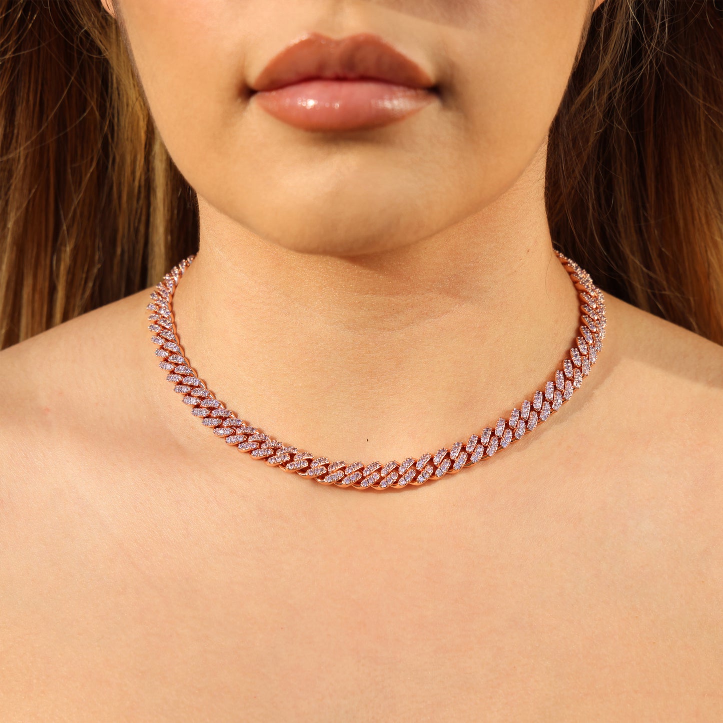 8mm Pink Iced out Cuban Necklace - Rose Gold