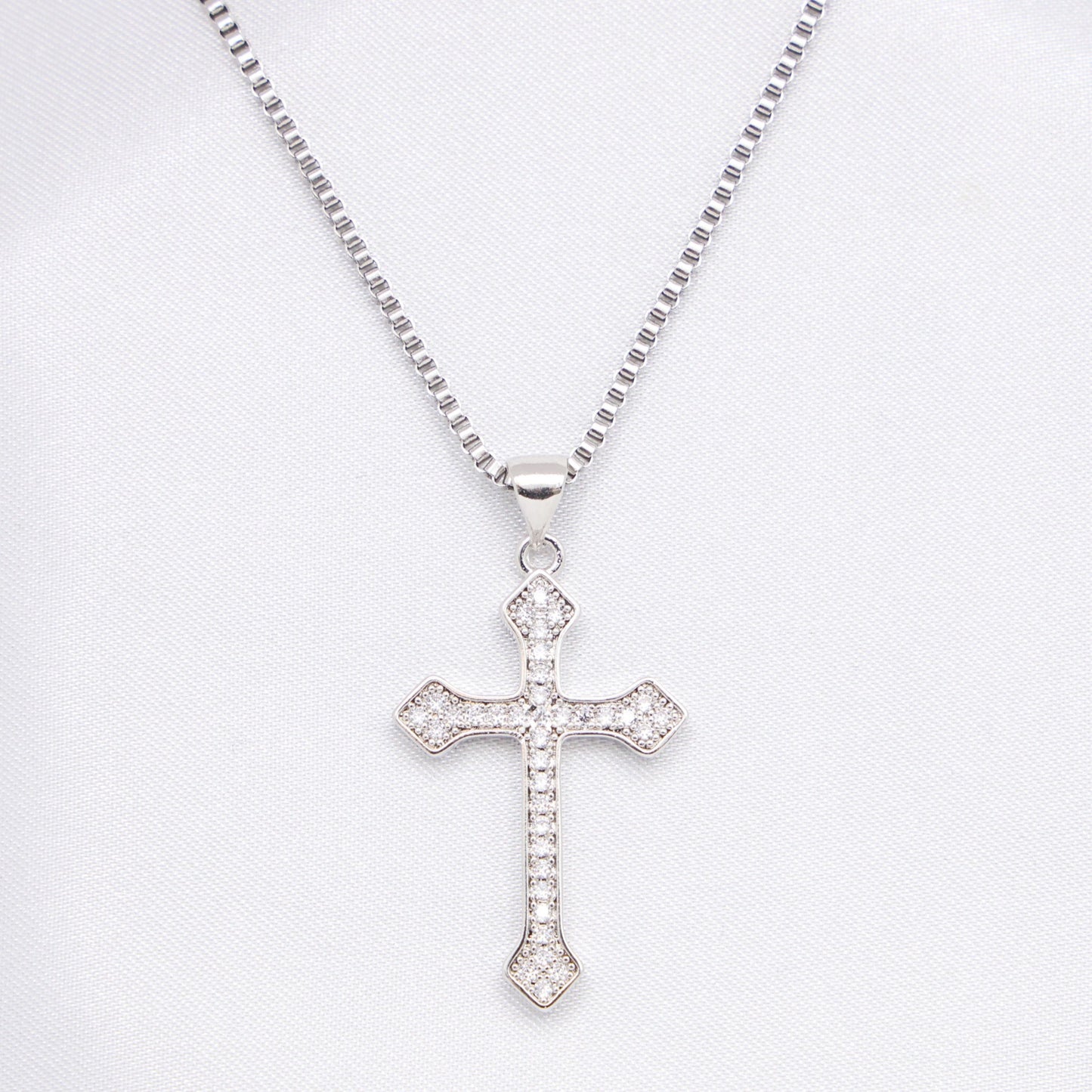 Small Iced Budded Cross Necklace - White Gold