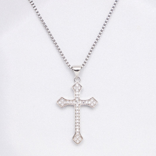 Small Iced Budded Cross Necklace - White Gold