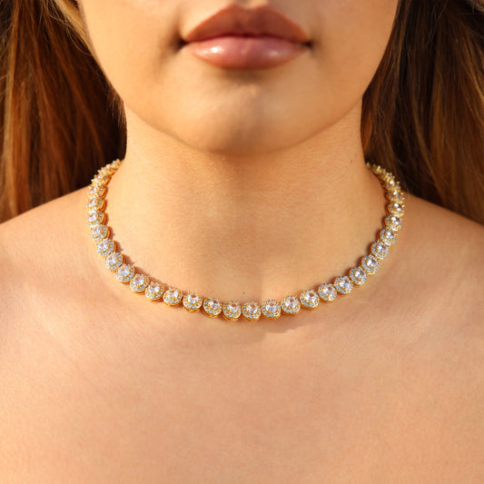 8mm Round Clustered Tennis Necklace - Gold