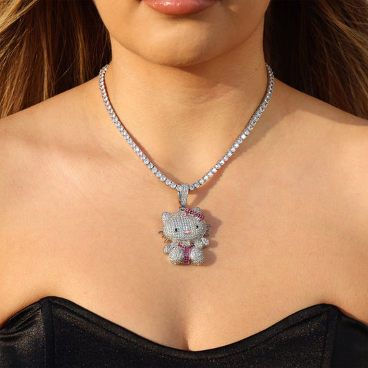 Iced Out Kitty Pendant - White Gold