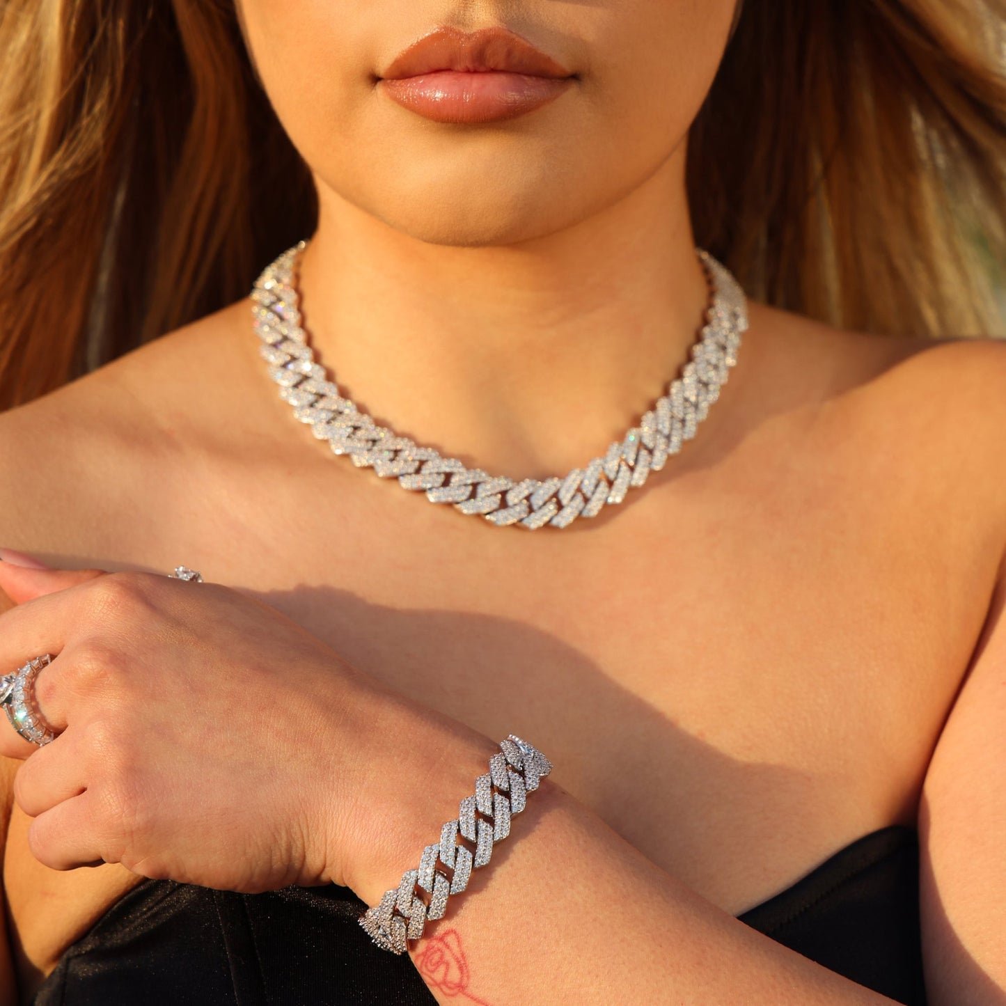 13mm Prong Link Necklace + Bracelet Bundle - White Gold