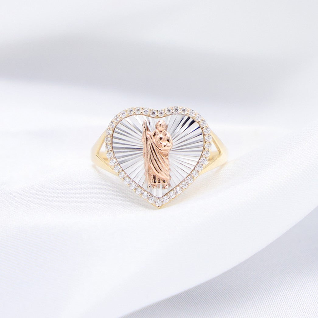 Iced 3 Tone San Judas Heart Ring - 14k Gold