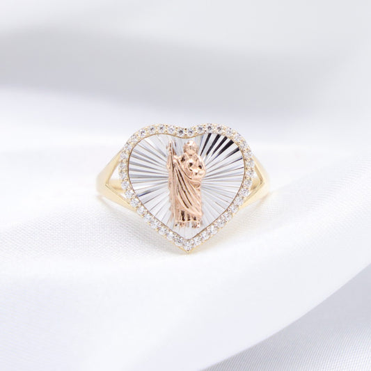 Iced 3 Tone San Judas Heart Ring - 14k Gold