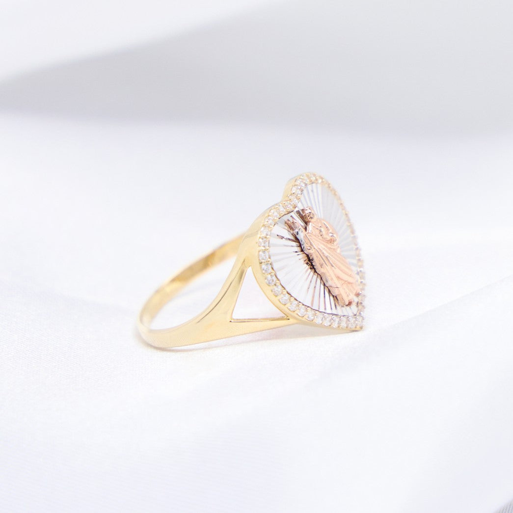 Iced 3 Tone San Judas Heart Ring - 14k Gold