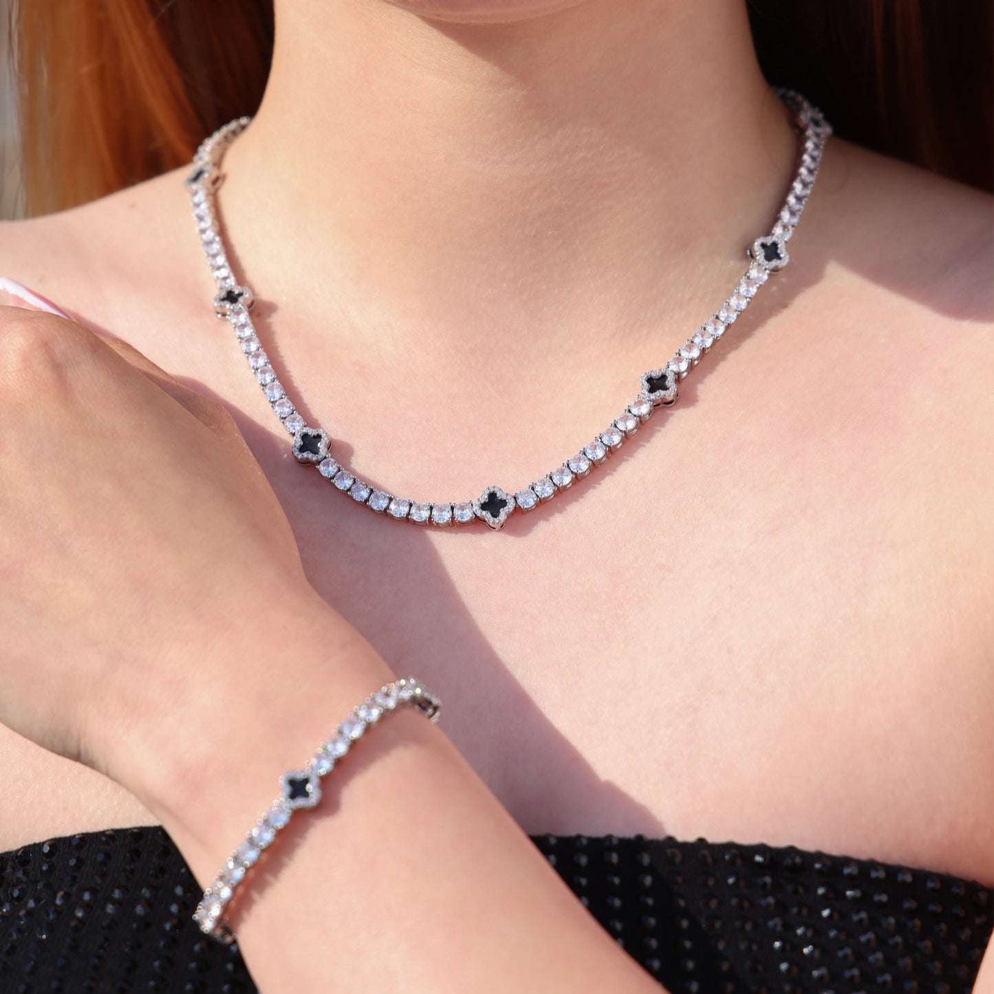 4mm Black Clover Tennis Necklace + Bracelet Budle - White Gold